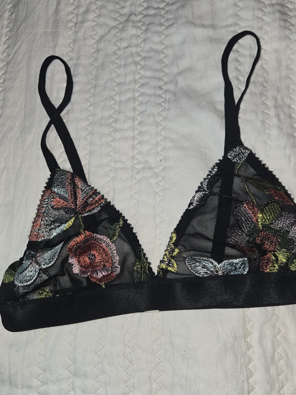 Honey Punch Black Sheer Bralette with Pink & Green Floral Embroidery